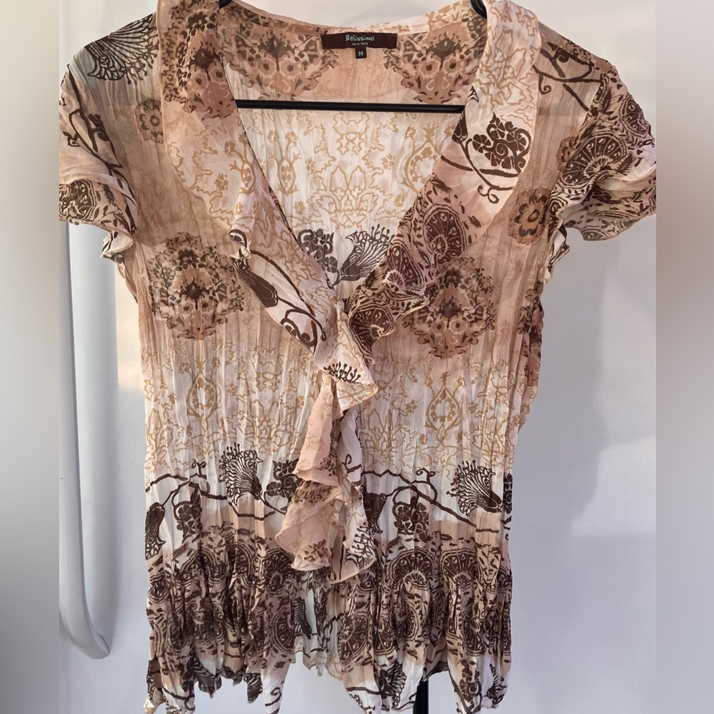 Belissimo NY Y2K‎ semi-Sheer floral top Size M Boho Chic Ruffle Romantic Chiffon
